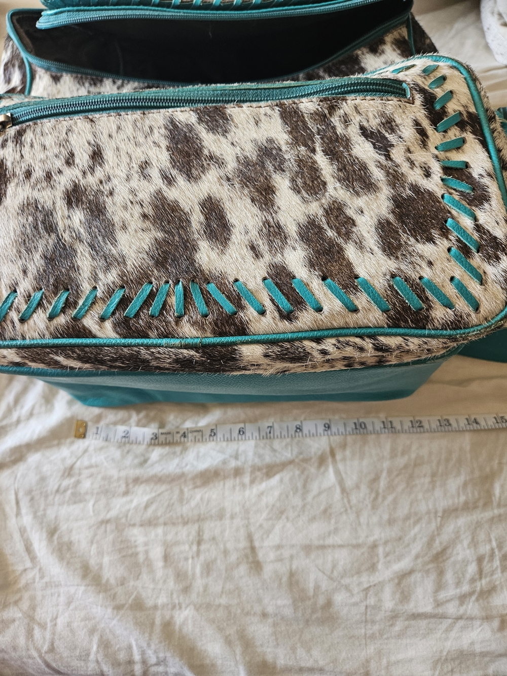 Turquoise-Trim Cowhide Backpack - Picture 9 of 9